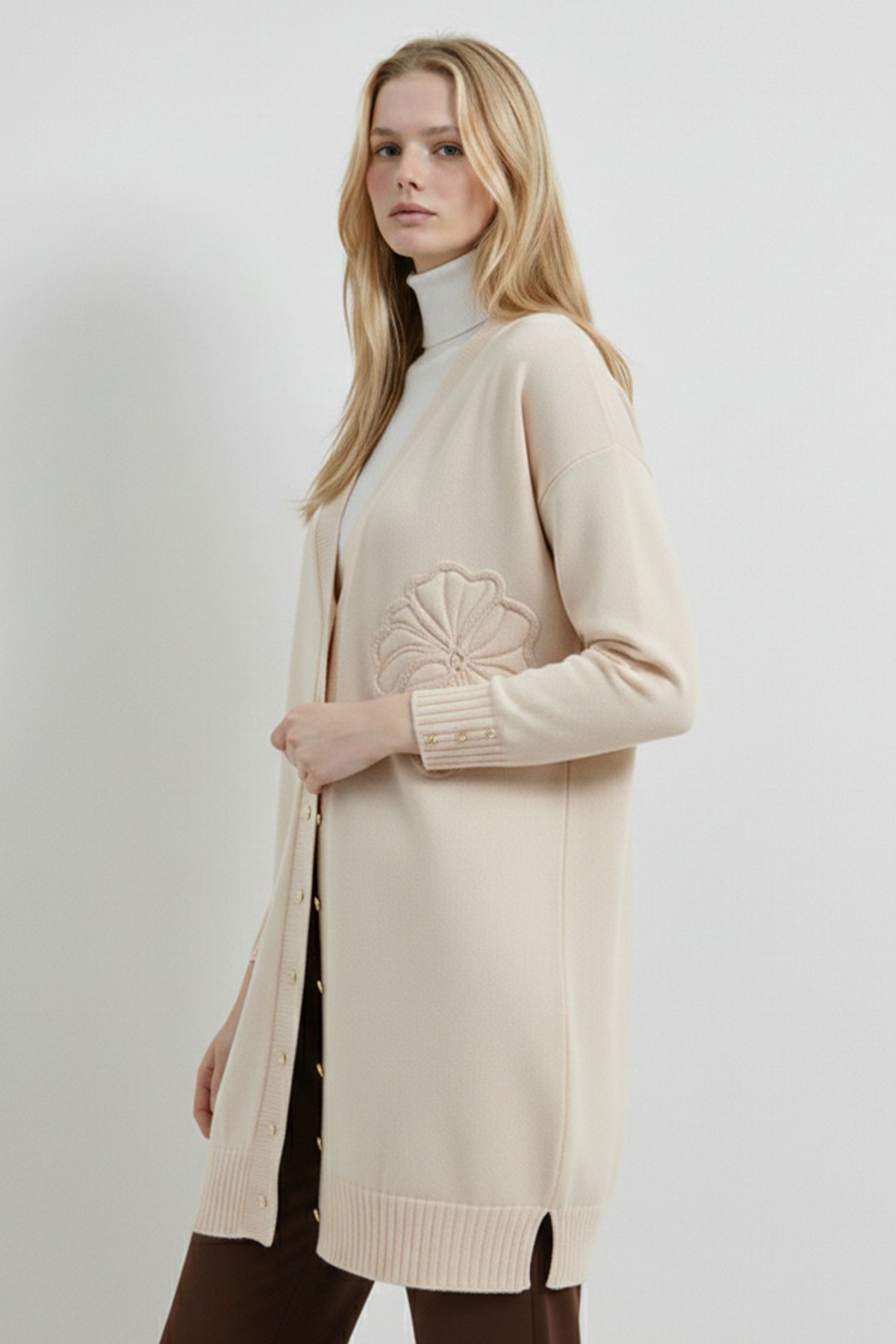 benguen  Çiçek Desenli Hırka N3302 Taş Rengi - Görsel 2