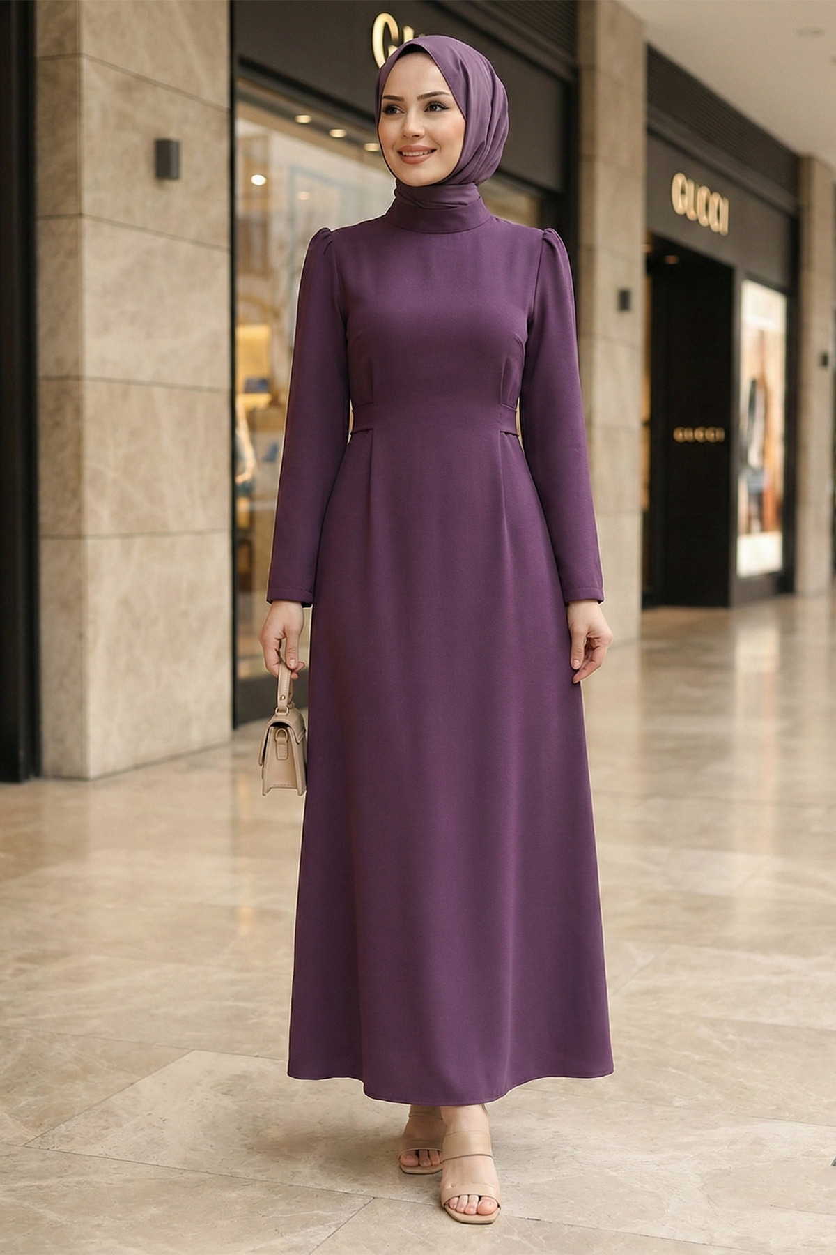 Judge Collar Seated Waist Back Zippered Sleeve Cuffed Modest Pen Dress -Damson