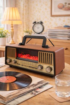 MEMİTA Everton RT-703 Şömine Alev Efektli Nostaljik Radyo Bluetooth USB TF Ka...