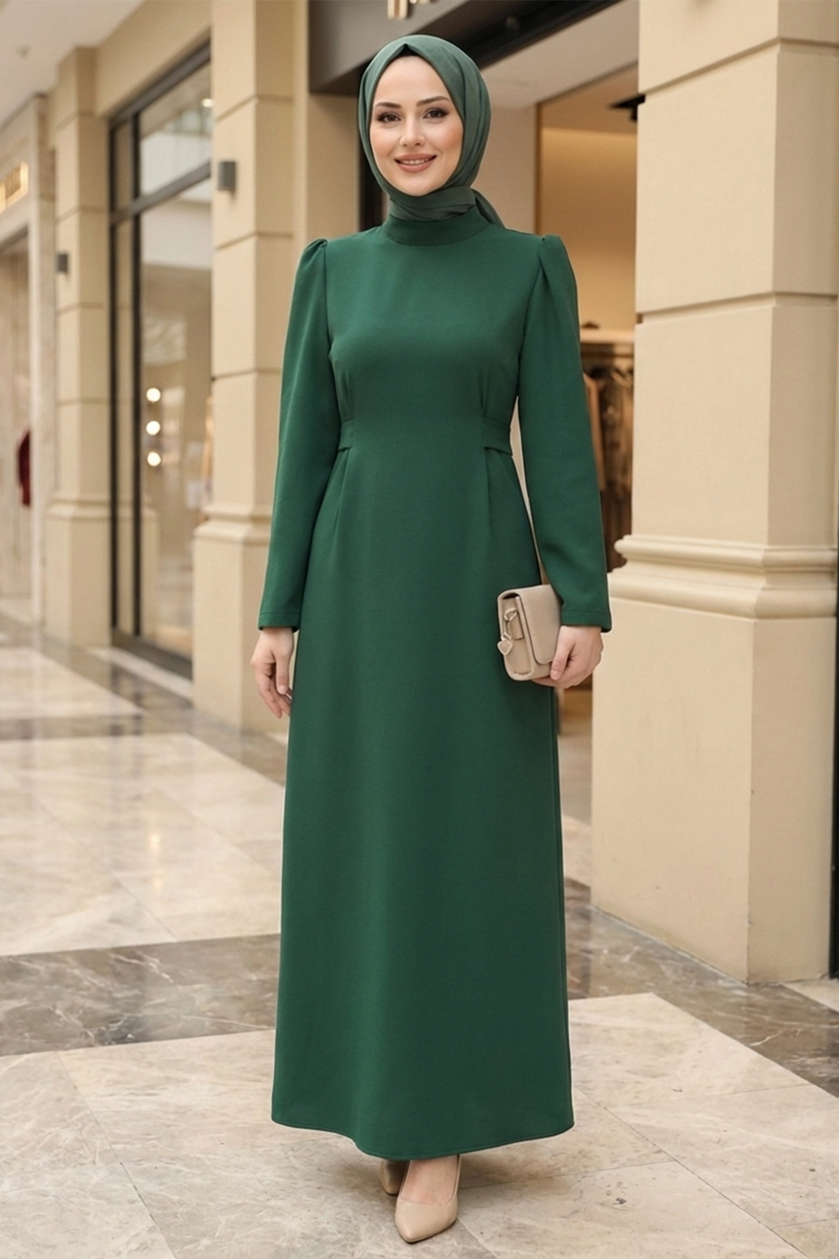 Dominant Collar Seated Back Zippered Sleeve Cuffed Modest Pen Dress -Emerald