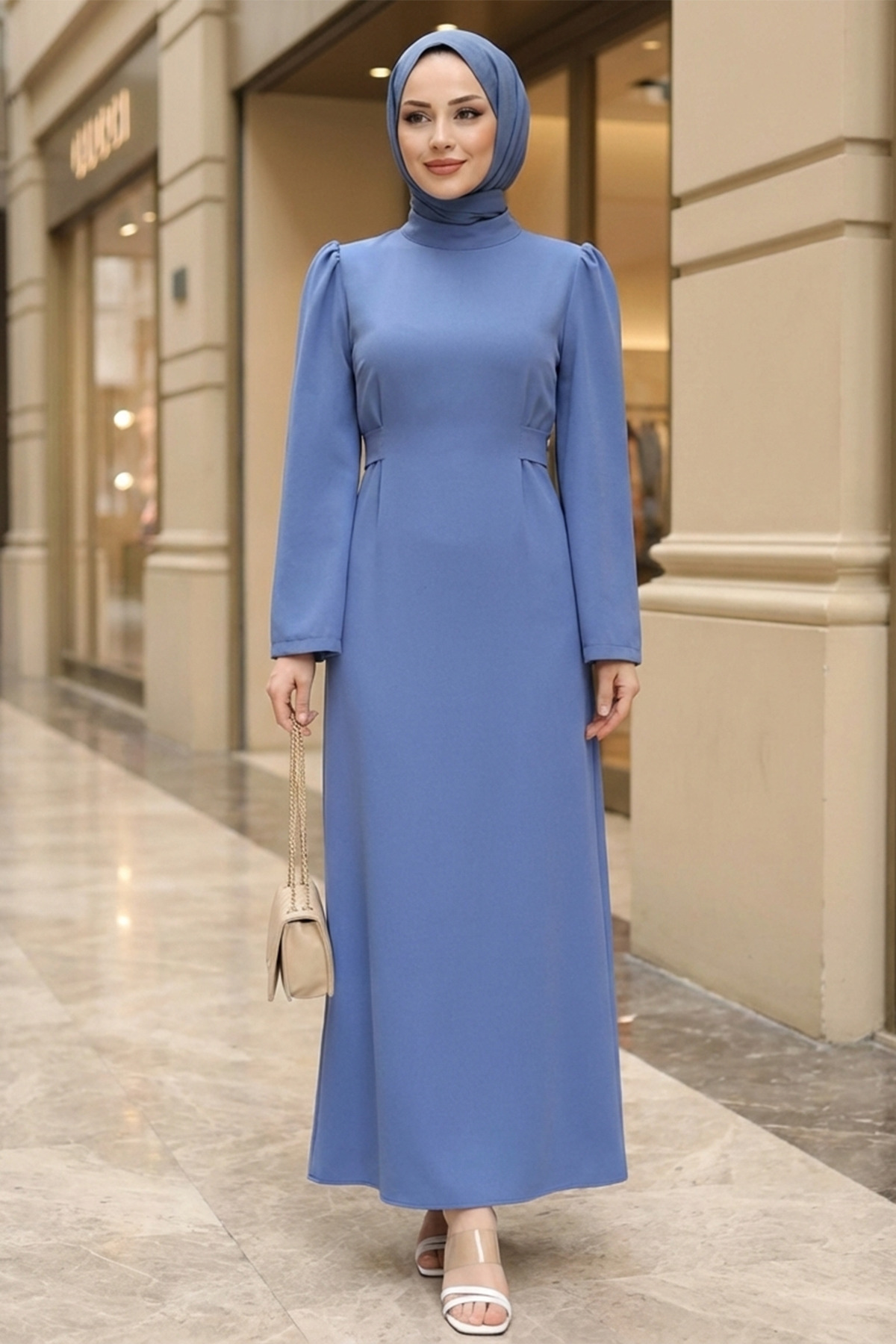 Judge Collar Seated Waist Back Zippered Sleeve Cuffed Modest Pen Dress -Blue