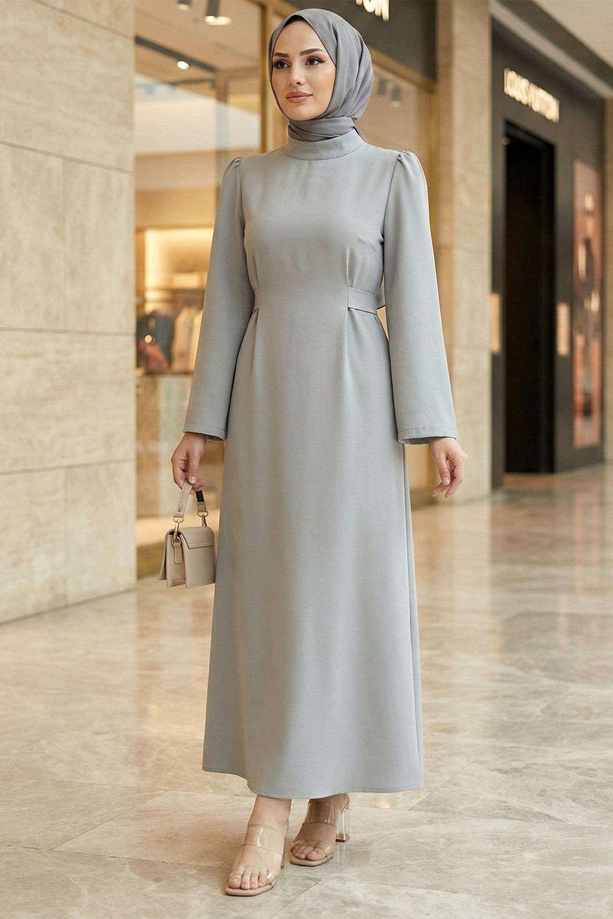 Judge Collar Seated Waist Back Zippered Sleeve Cuffed Modest Pen Dress -Gray