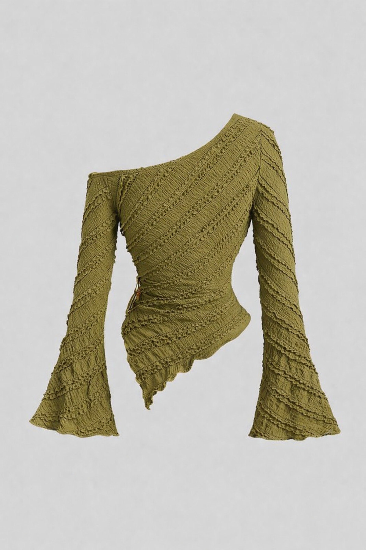 MOONBULL  Kadın Fırfır Kumaş Gold Aksesuar Detaylı Kayık Yaka İspanyol Kol Asimetrik Kesim Bluz - Görsel 2