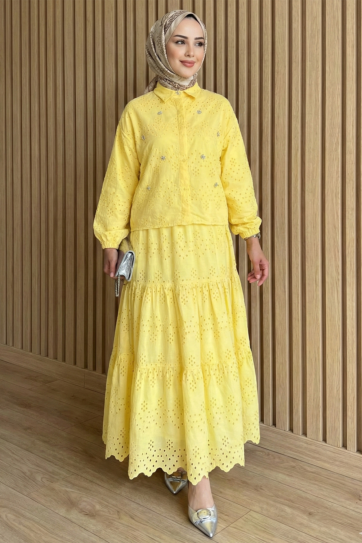 Women's Scallop Detailed Blouse Skirt Modest Set - Yellow