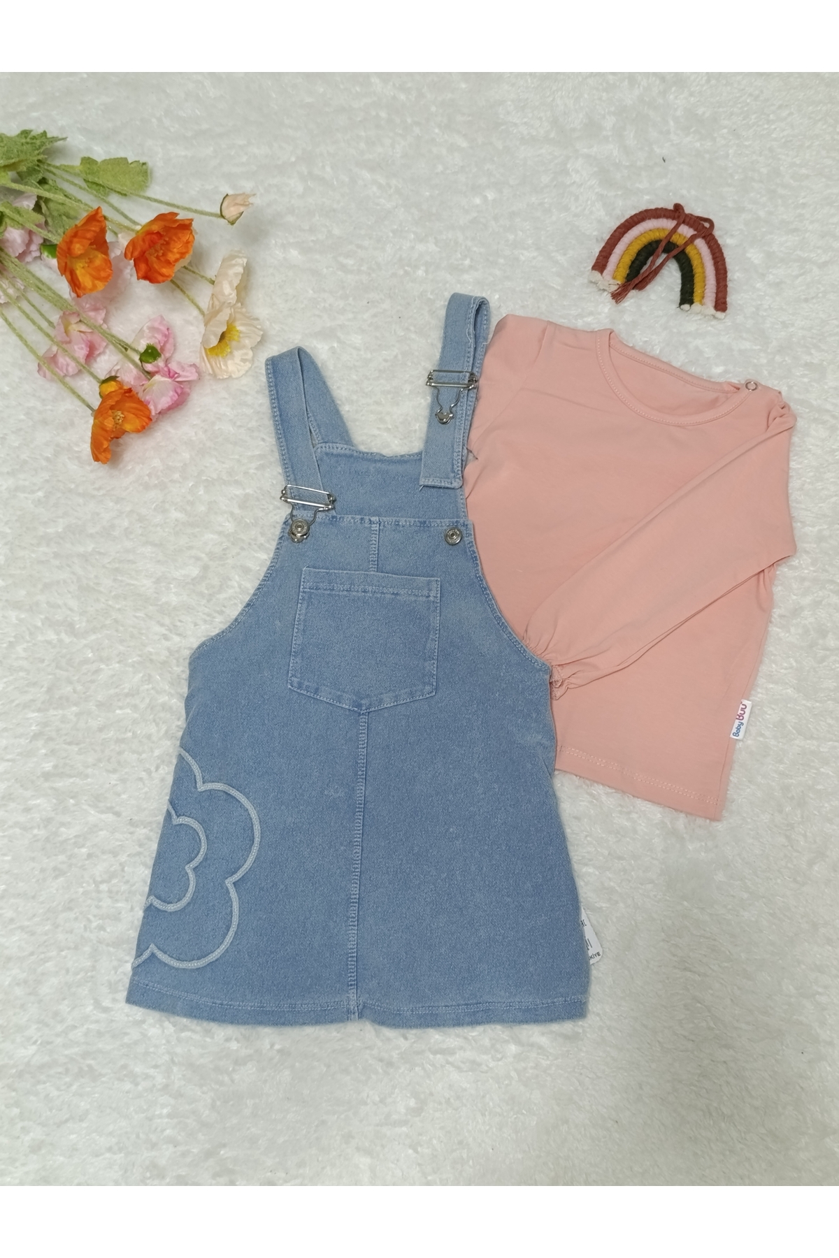 Baby Buu Yanı çiçek nakışlı Denim Kotlu Kız Bebek Bayramlık Elbise Bahçıvan 6-9 Ay,9-12Ay, 12-18Ay, 18-24Ay fotoğrafı 3 (önizleme)