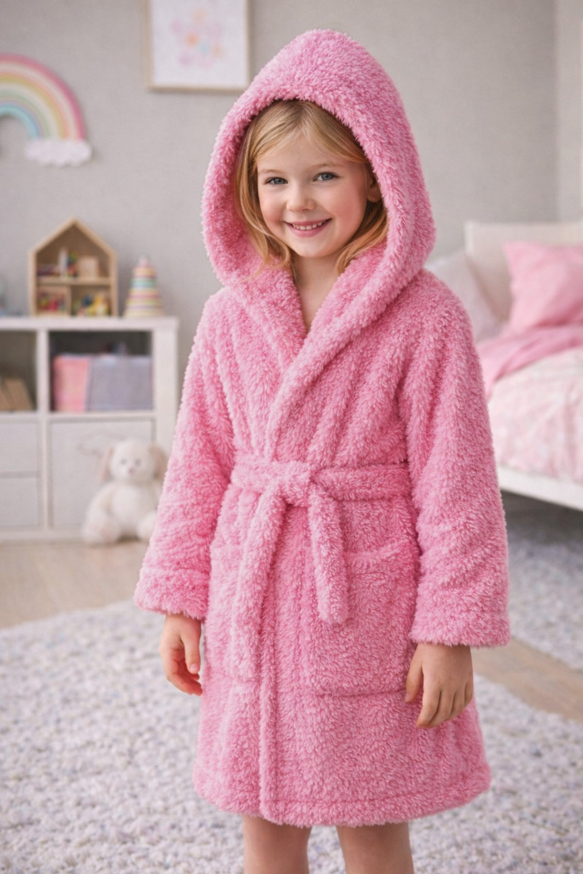 Luna Soft Girls / Boys Hooded Wellsoft Bathrobe Plush Dressing Gown | Pink