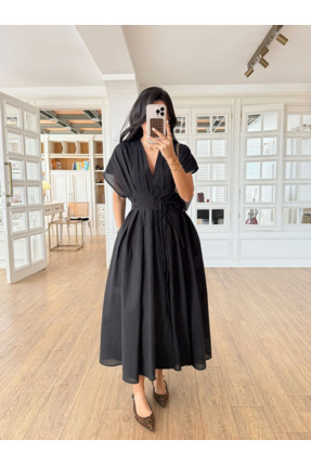 My Blog Siyah %100 Pamuk Beli İp Bağlamalı Pileli Yarasa Kol Elbise - 206201