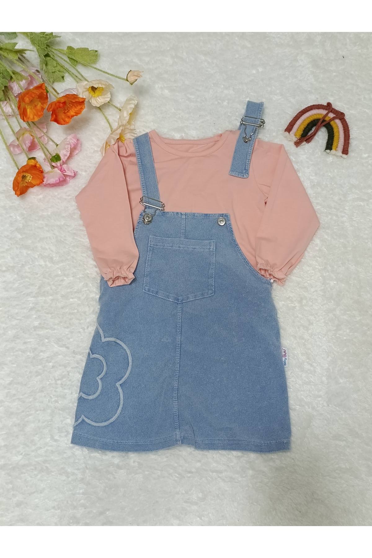 Baby Buu Yanı çiçek nakışlı Denim Kotlu Kız Bebek Bayramlık Elbise Bahçıvan 6-9 Ay,9-12Ay, 12-18Ay, 18-24Ay fotoğrafı 4 (önizleme)