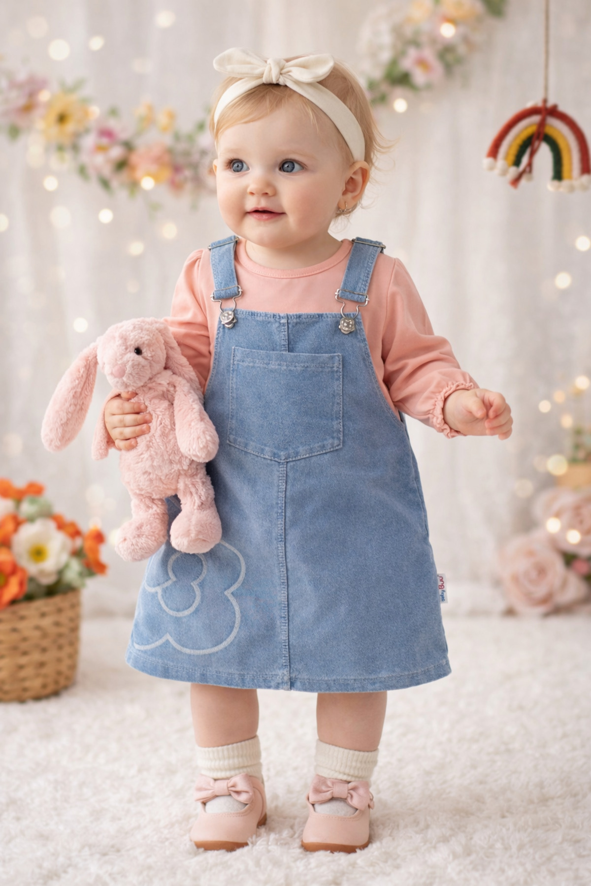 Baby Buu Yanı çiçek nakışlı Denim Kotlu Kız Bebek Bayramlık Elbise Bahçıvan 6-9 Ay,9-12Ay, 12-18Ay, 18-24Ay fotoğrafı 2 (önizleme)