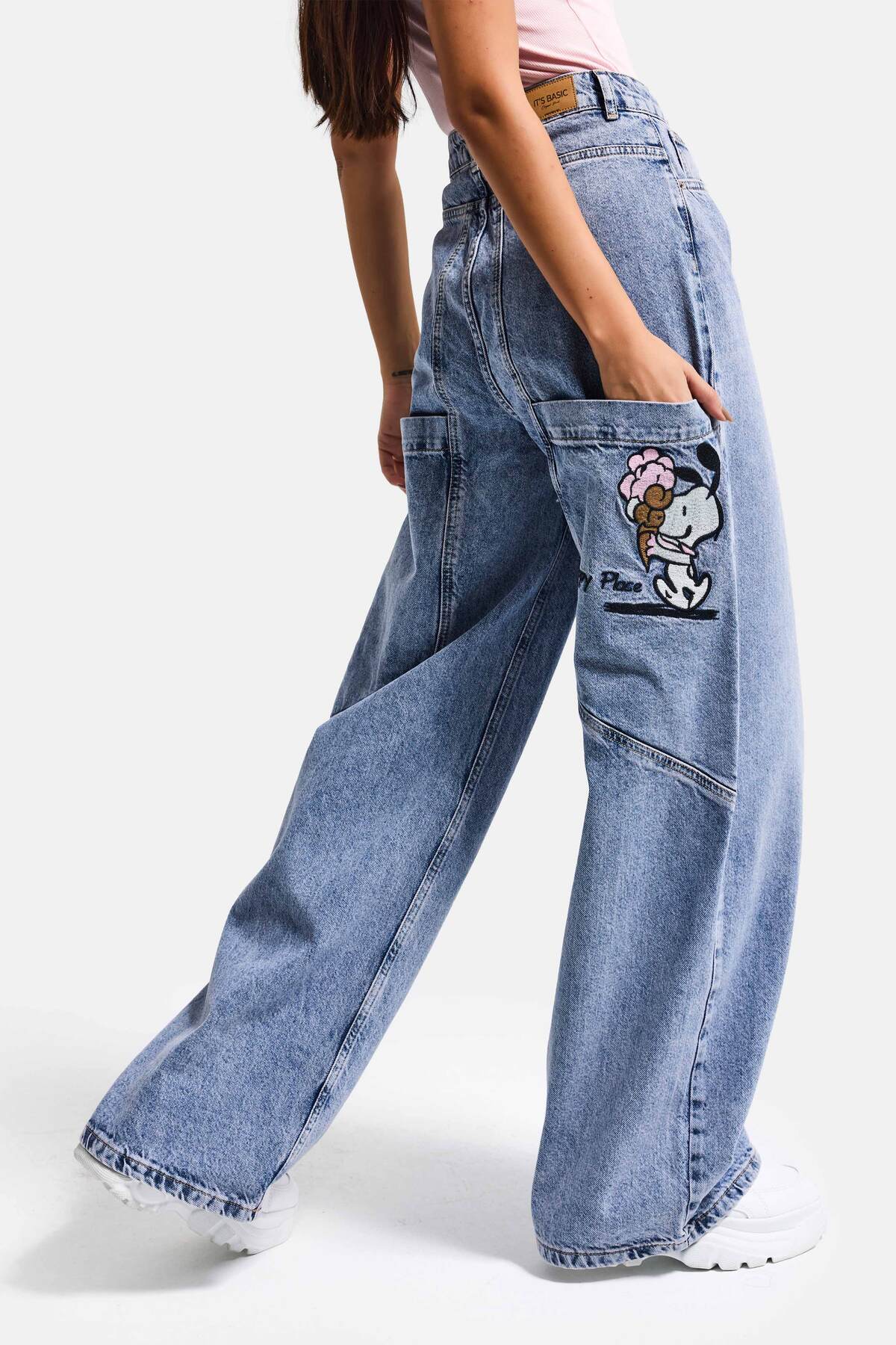it's basic Kadın Kot Rengi 4s6-89 Mega Baggy Fit Nakış Detaylı Özel Tasarım Denim Jean görsel 7
