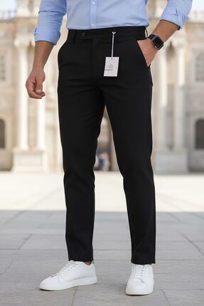 MODAMESTO Erkek Siyah Slim Fit Likralı Yan Cep Bilek Boy Düz Kumaş Pantolon