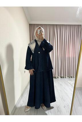 GZN Bel büzgülü-düğmeli Kot tesettür etek-ceket takım