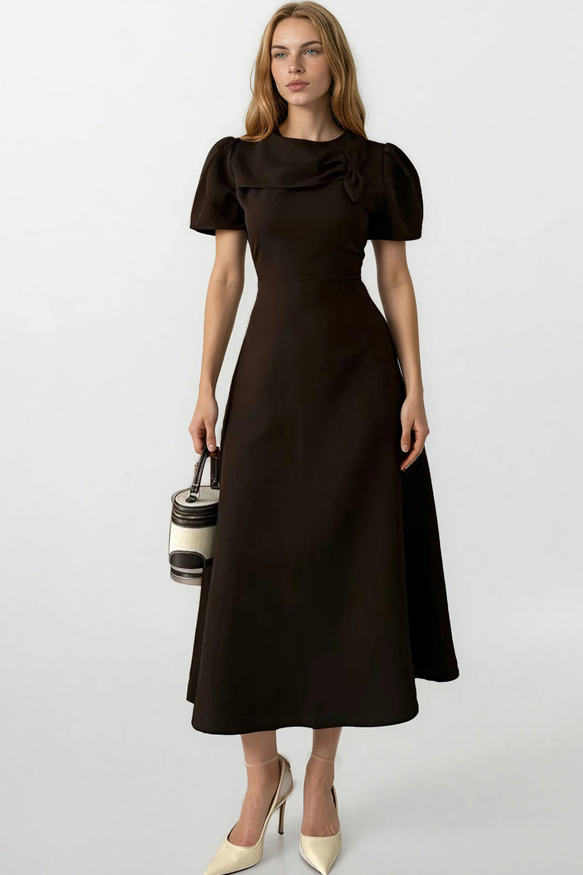 Trend Alaçatı Stili  Kadın Kahverengi Bisiklet Yaka Fiyonk Tasarımlı Maxi Boy Dokuma Elbise Alc-X15304 - Görsel 2