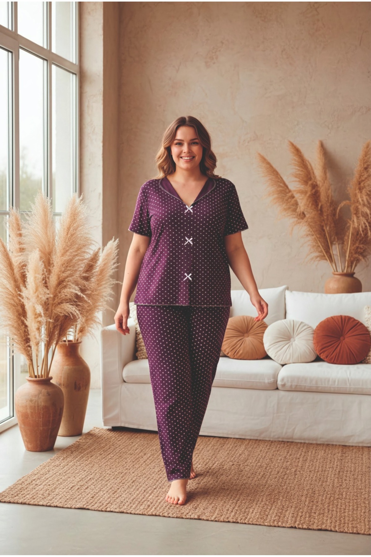 LİLA İÇ GİYİM  Battal Fiyonk Viskon Kısa Kol Pijama Takımı