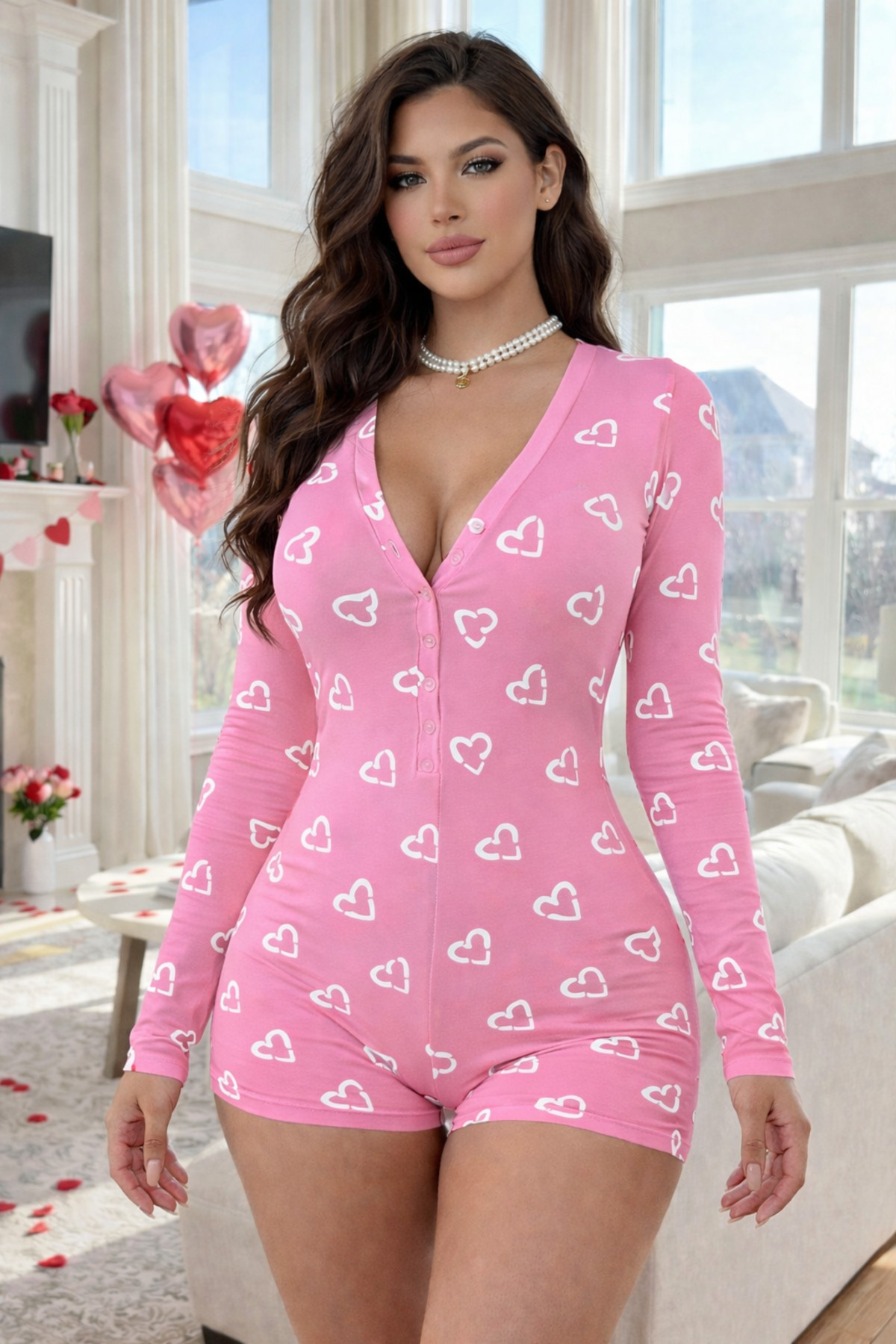 the DIFFerent Pembe Kalp Desenli Düğmeli Uzun Kollu Şort Tulum