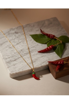 Hiis Store Gold Kırmızı Emaye Acı Biber Figürlü Kolye - Minimalist Şans Kolyesi