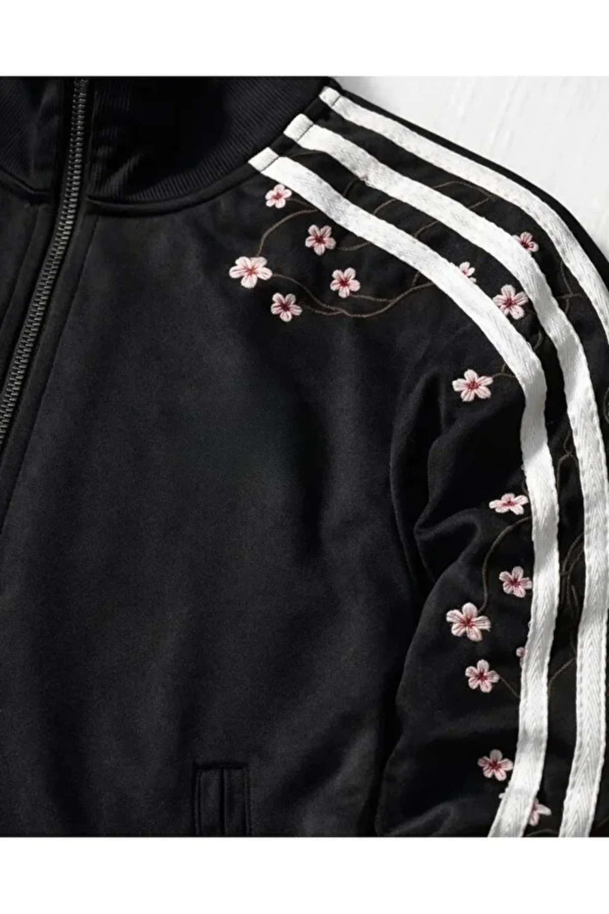 Violon  Siyah Çiçek Nakışlı Şeritli Unisex Fermuarlı Ceket - Görsel 3