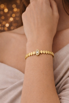 Zeraf Takı Zeraf Gold Oval Zirkon Taşlı 14k Vip Bileklik