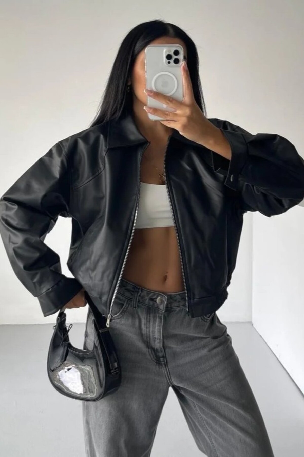 moda armanc  Kadın Oversize Deri Bomber Ceket - Görsel 6