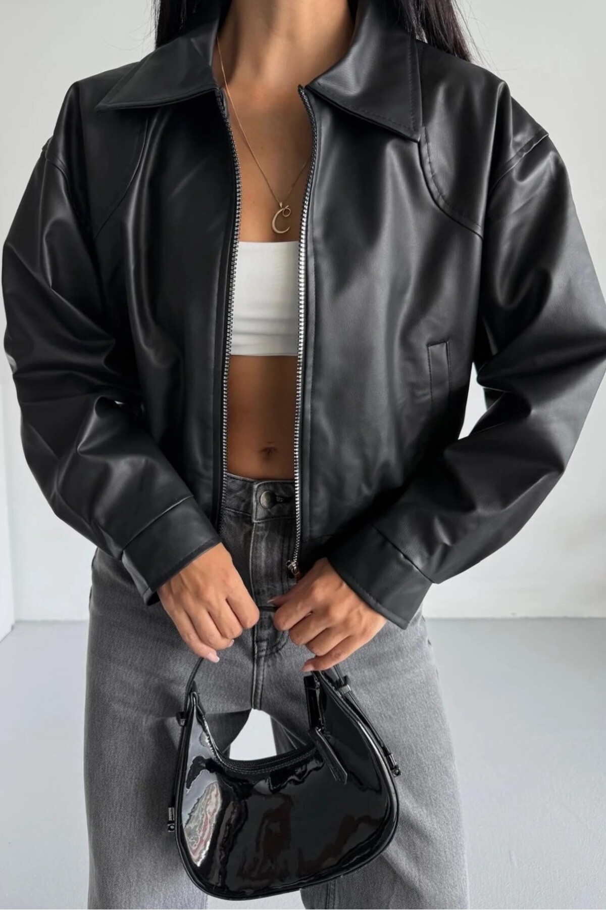 moda armanc  Kadın Oversize Deri Bomber Ceket - Görsel 2