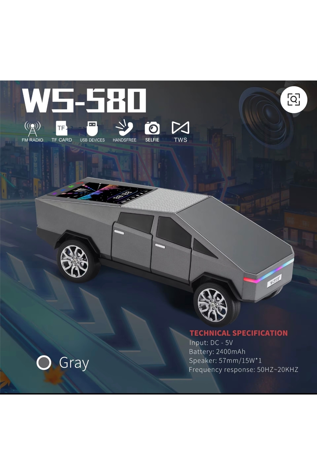 WS-580 Tesla Cybertruck Rechargeable Car Bluetooth Speaker Illuminated Speaker 15 Watt Fm Radio Sd Card USB
