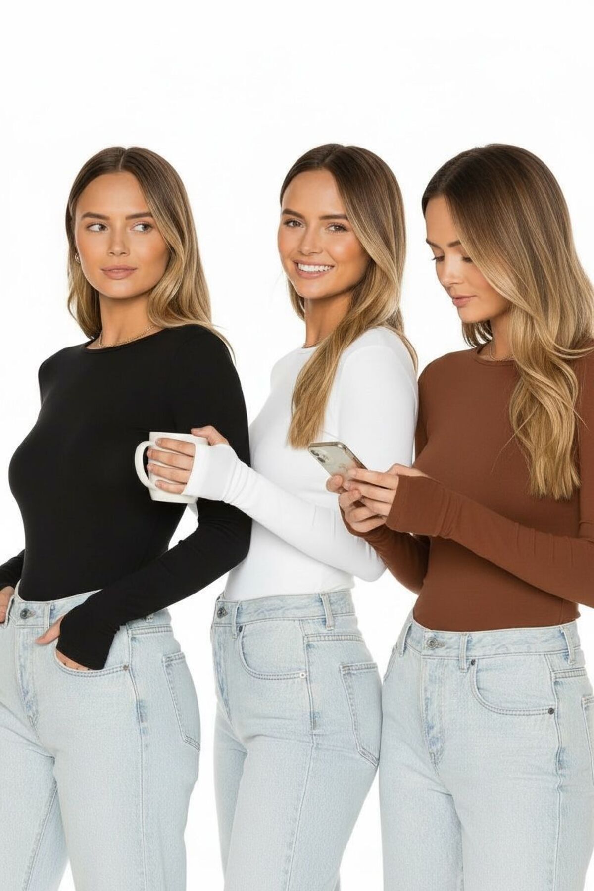 Women's Finger Detailed Bodysuit 3-Piece Set – Black White Brown