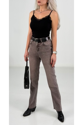 Karol Kahverengi Yıkamalı Yüksek Bel Likralı Mom Fit Jean