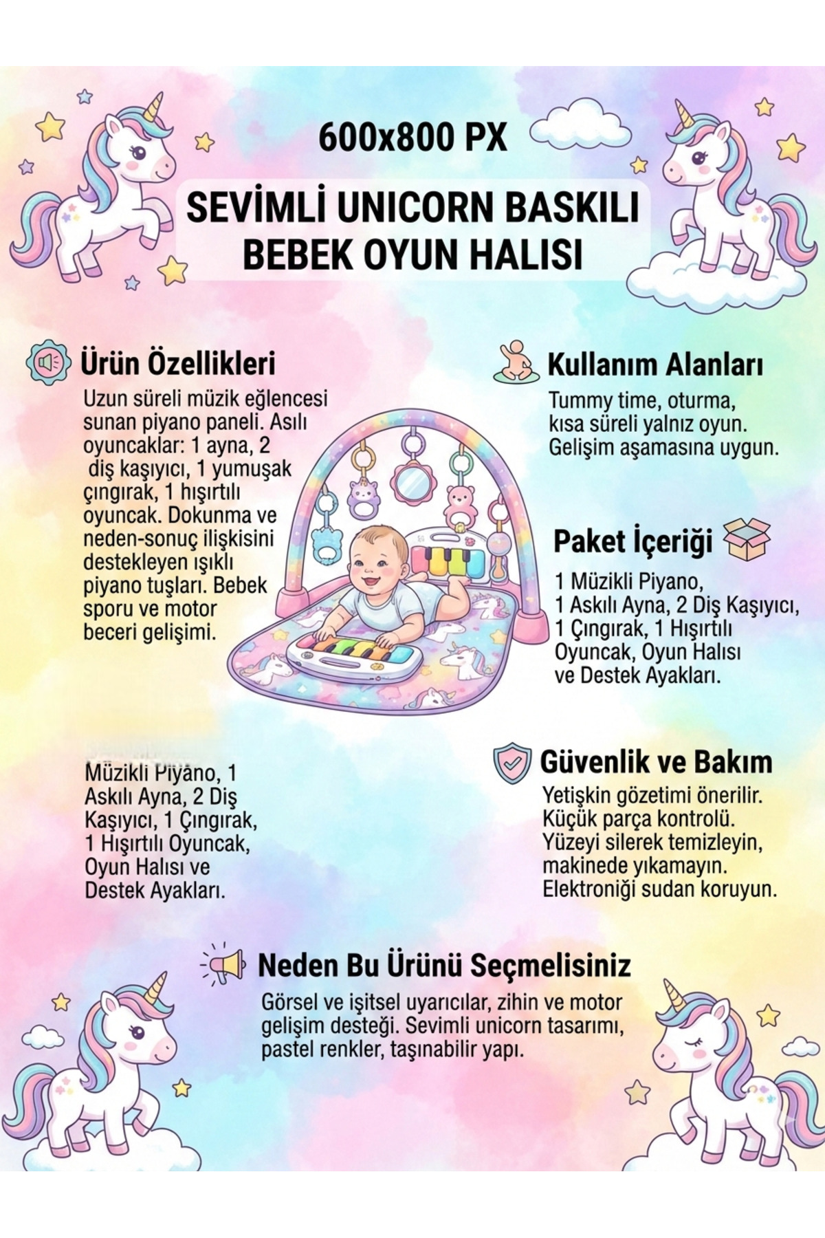 a v d a Unicorn Müzikli Piyanolu Bebek Oyun Halısı – Bebek Aynası + Çıngırak + Diş Kaşıyıcı Aktivite Minderi fotoğrafı 2 (önizleme)