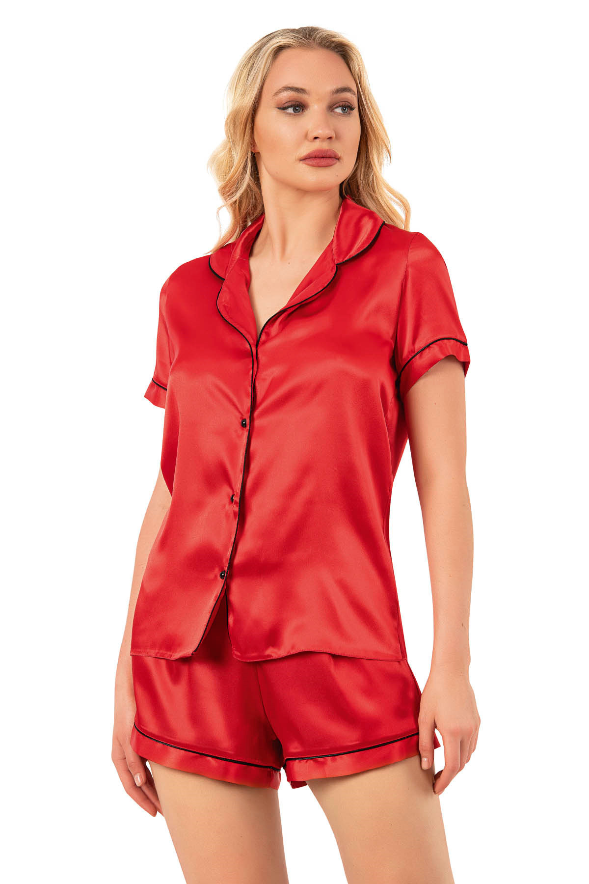 Kompedan Kadın Saten Biyeli Kısa Kol Şortlu Pijama Takım | Kırmızı 7847
