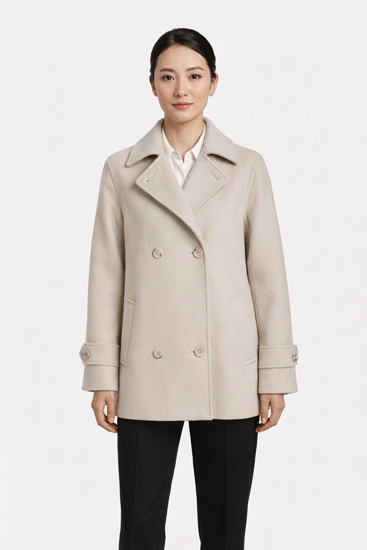 Women's Short Double Breasted Coat Cream 1460