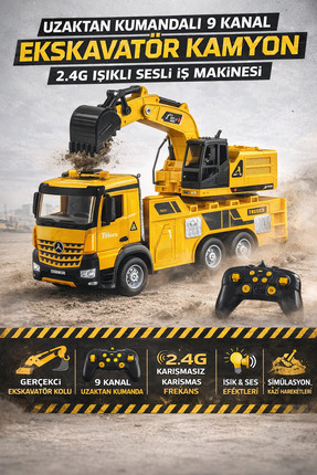 YILDIRIM OYUNCAK Uzaktan Kumandalı 360° Dönen Ekskavatör Kamyon 40cm | Işıklı...