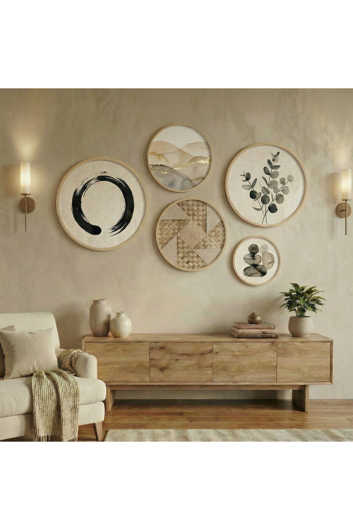 Wabi Sabi 5-Piece Round Painting Set - Natural Birch Wooden Framed Japandi Wall Decor Huhu861