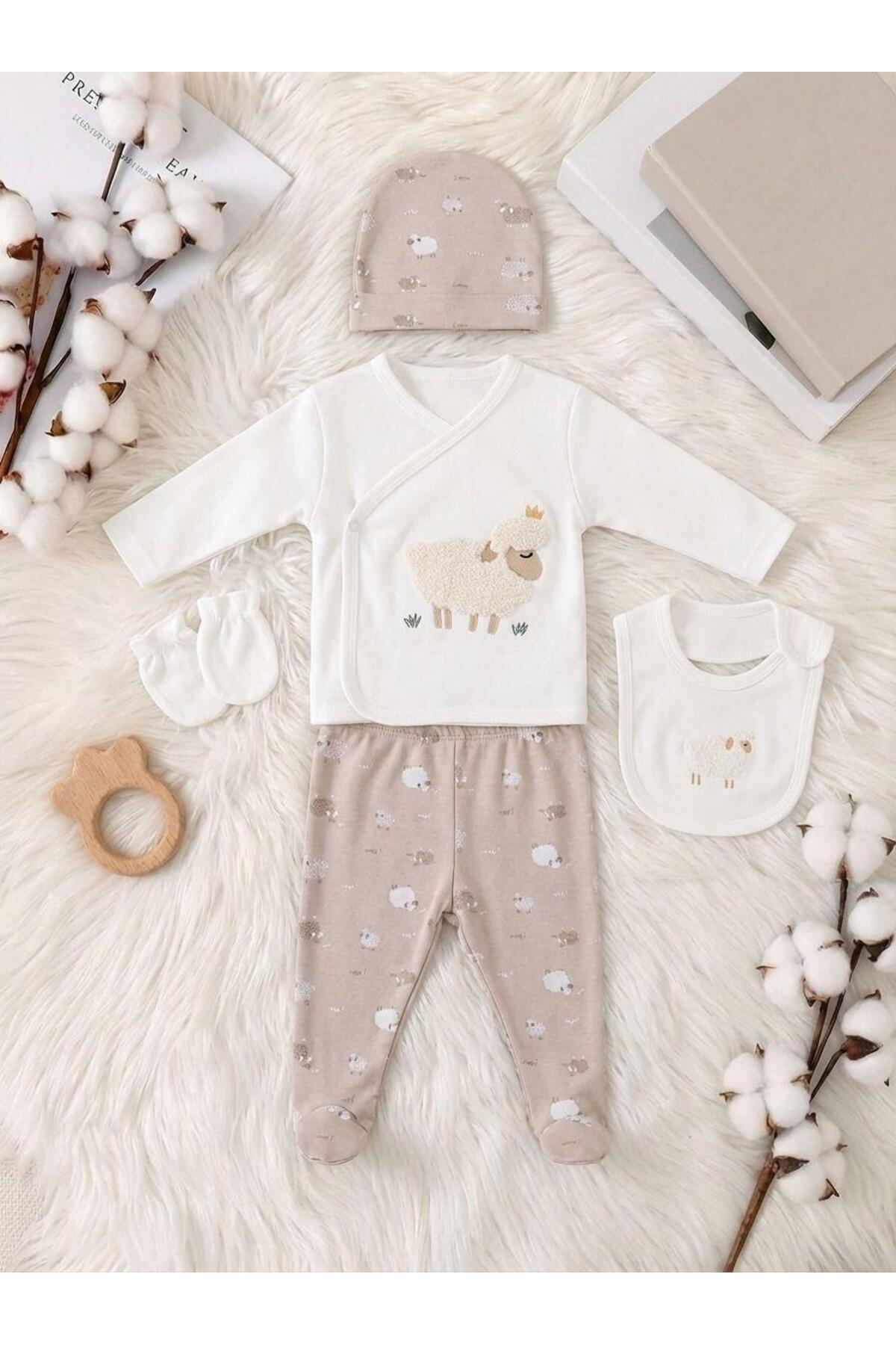 Miniday Baby 5’li Yenidoğan Bebek Hastane Çıkışı Seti Kuzu Baskılı Kız - Erkek % 100 Pamuklu Unisex Basıc fotoğrafı 3 (önizleme)