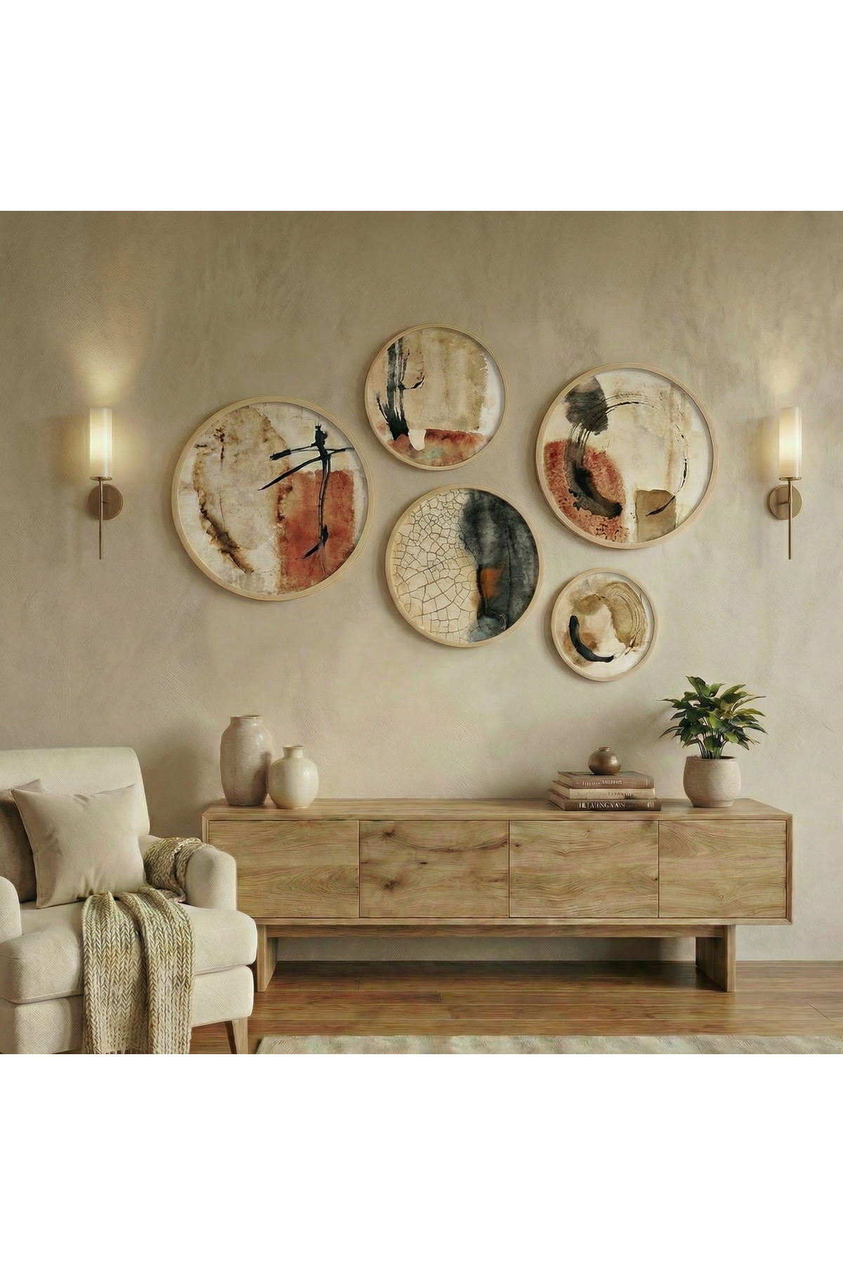 Wabi Sabi 5-Piece Round Painting Set - Natural Birch Wooden Framed Japandi Wall Decor Huhu864
