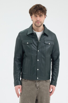 MALPcollection Erkek Haki Renk Hakiki Deri Ceket Gömlek Yaka