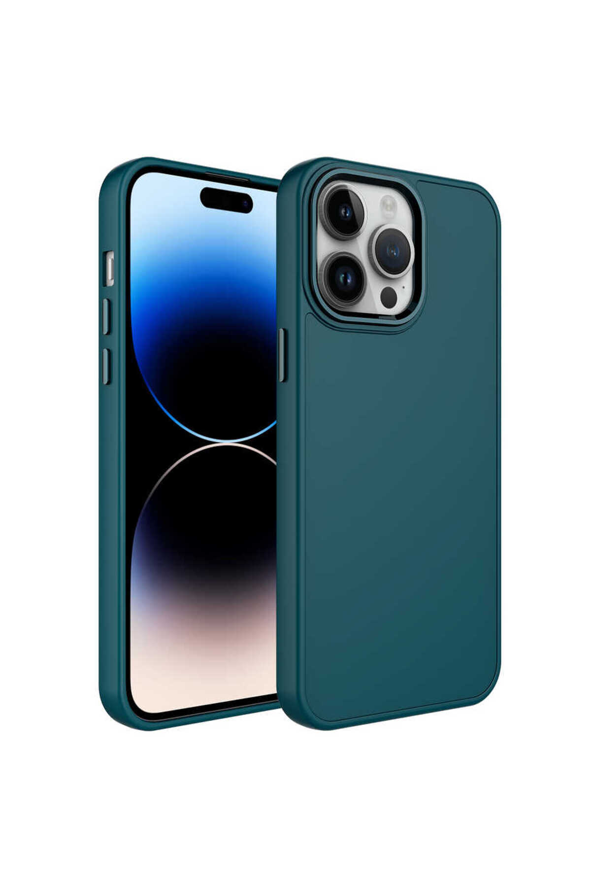 iPhone 14 Pro Max Uyumlu Metal Çerçeve ve Buton Tasarımlı Silikon BSAY Luna Kılıf-Koyu Yeşil