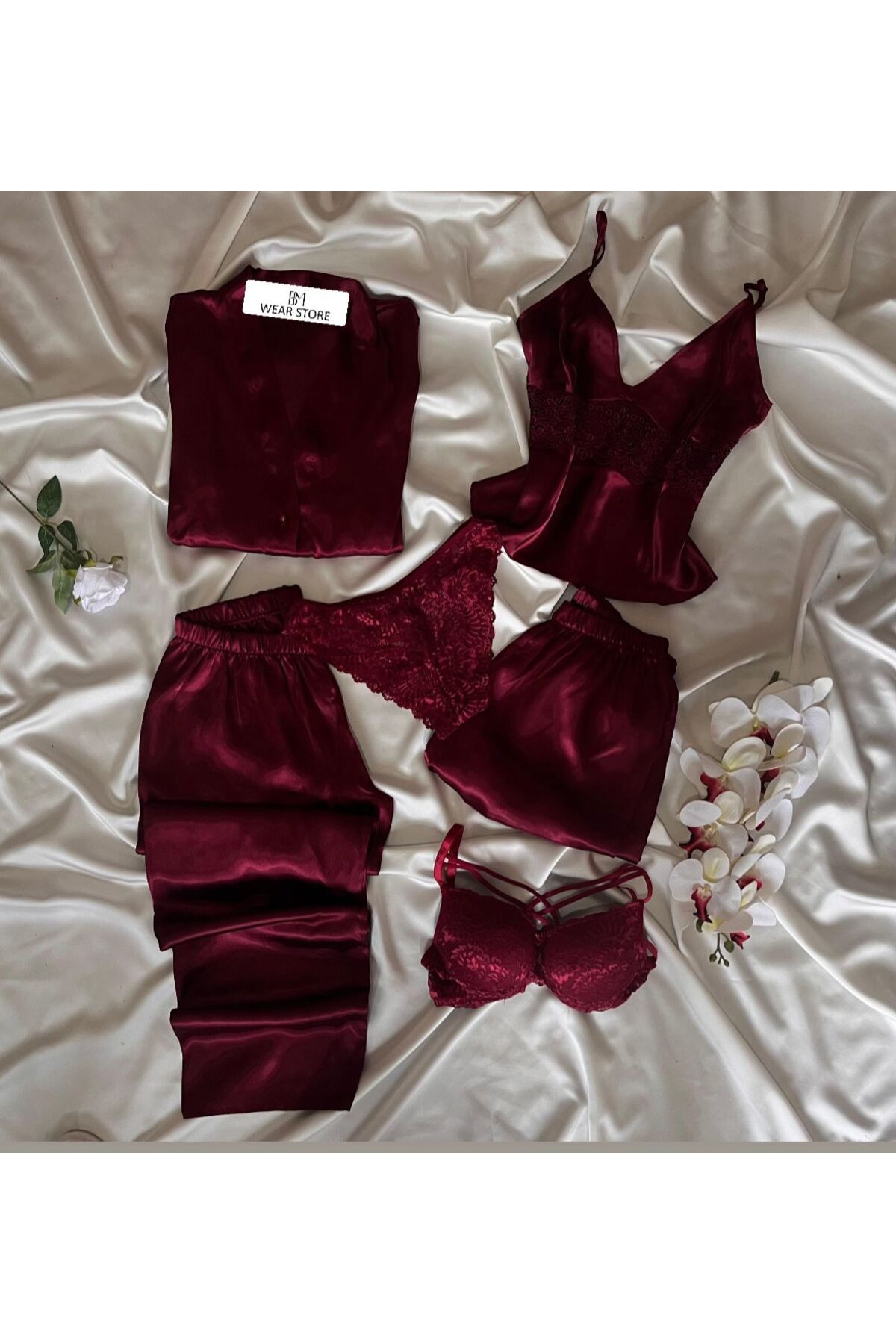 B&M STORE Bordo Saten Gecelik Pijama İç Giyim Çeyiz Seti 6’lı