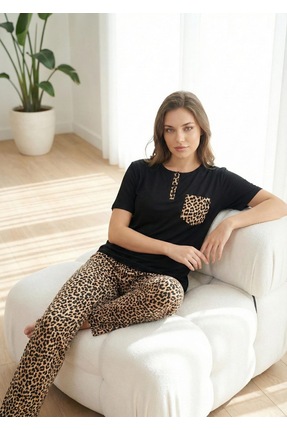 LAGRANZE Morvella Leopar Detaylı Battal Boy Kadın Ev Giyim Takımı