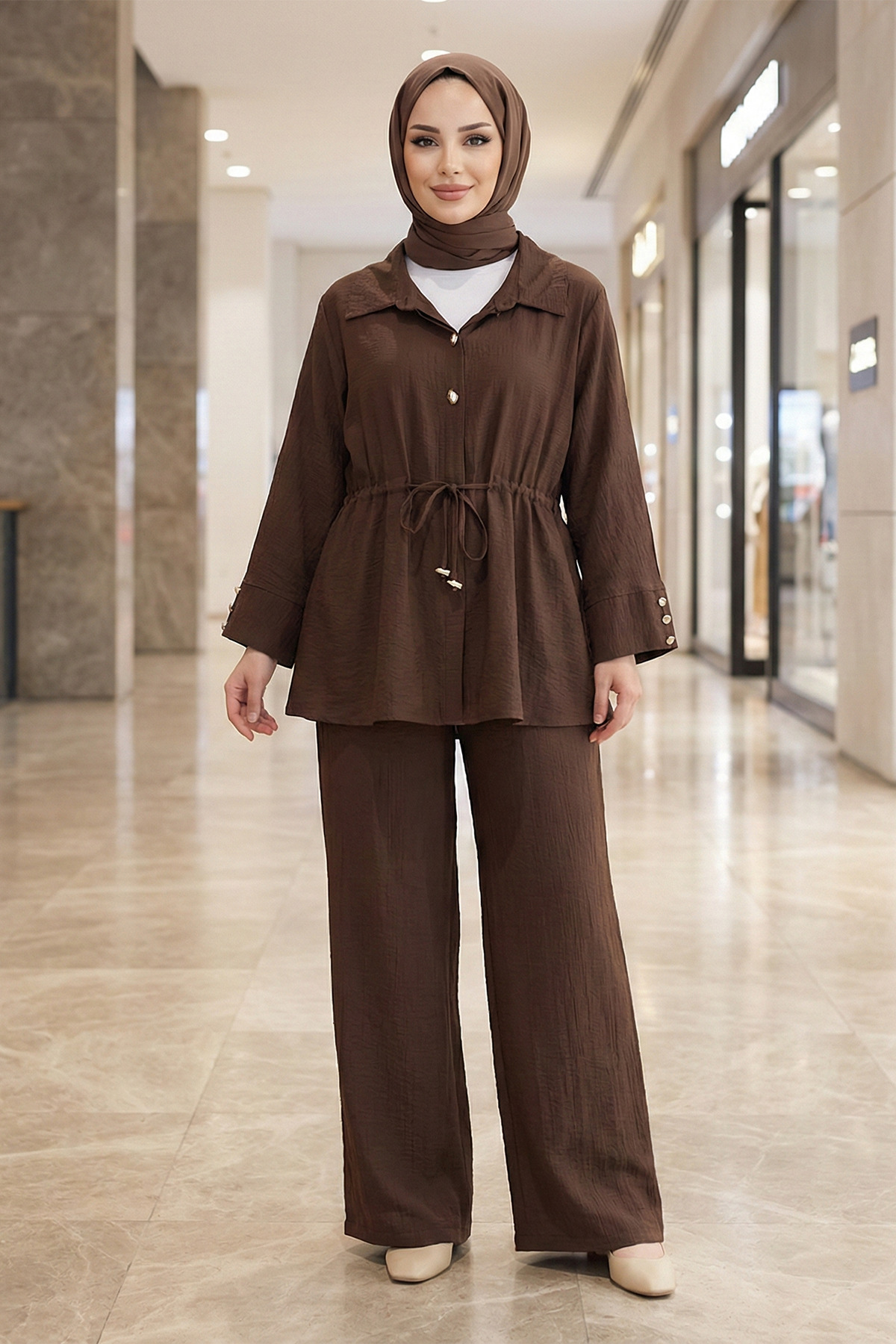 Women's Cap Blouse and Pants Set - Cotton Crinkle Fabric - Brown