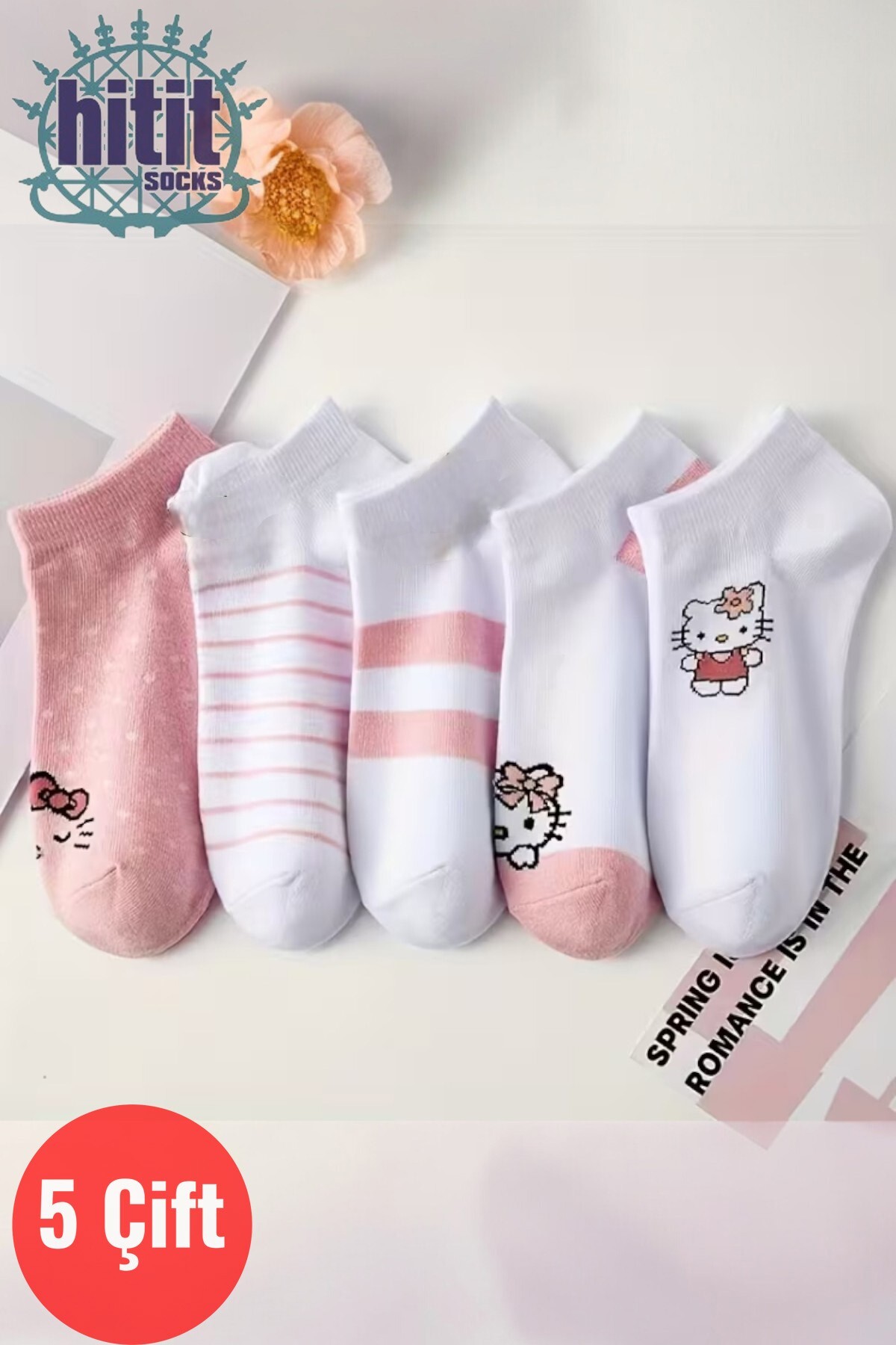 Hitit Socks Kadın 5 Çift Günlük Kullanıma Uygun Sevimli Kedi Desenli Görünmez Babet Çorap
