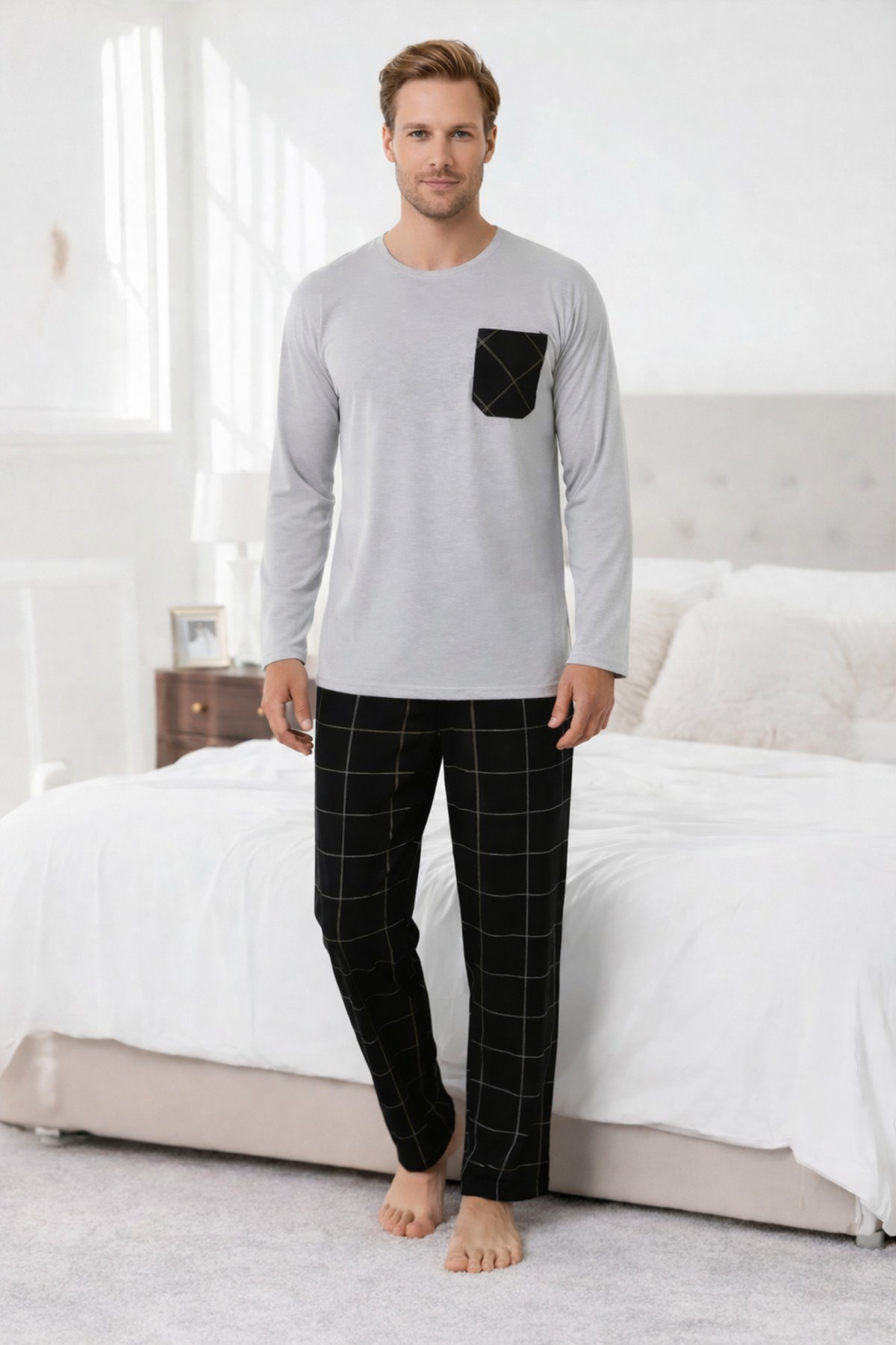 Wega Moda Men's Long Sleeve Plaid Patterned 100% Cotton Comfortable Pajama Set