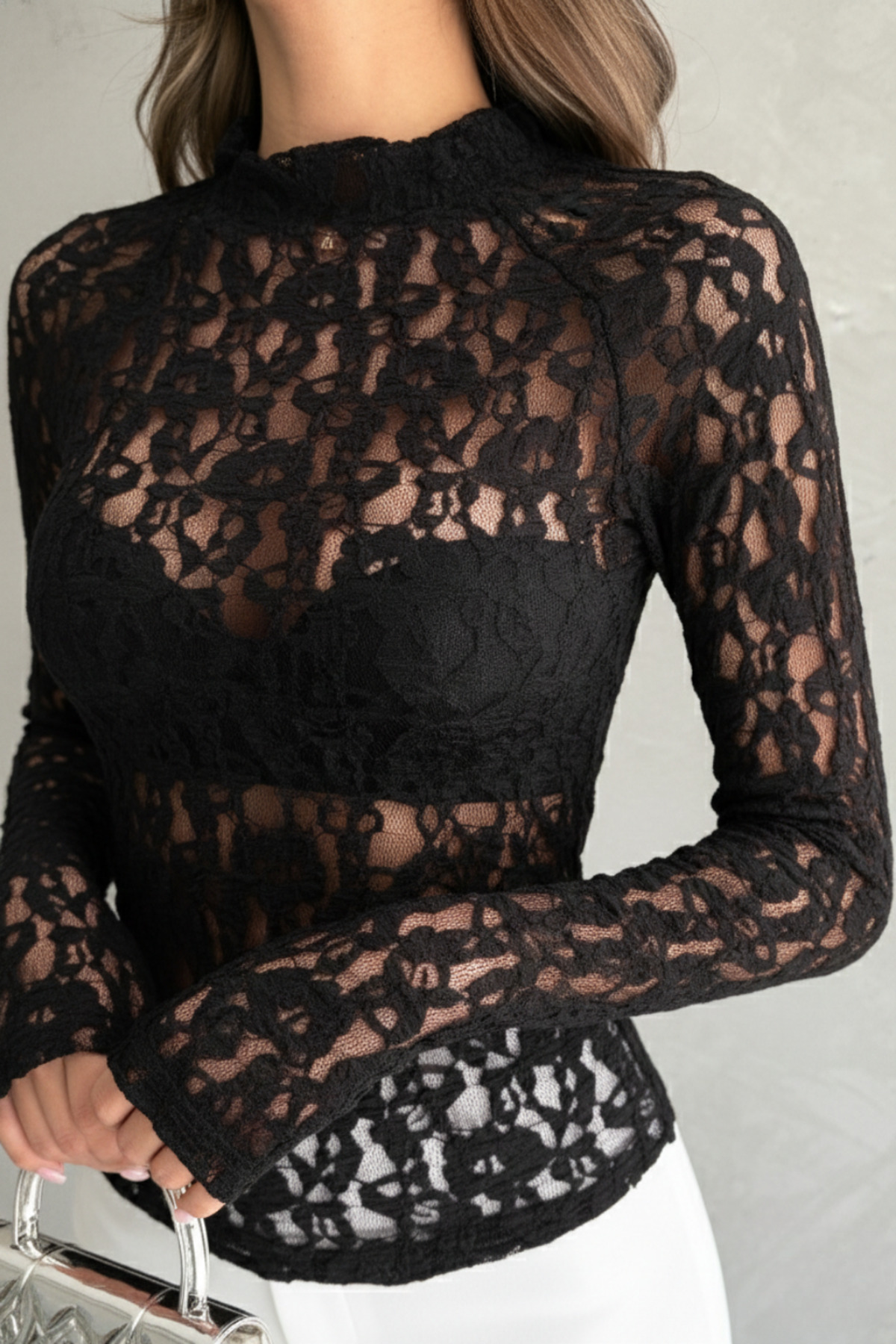 Ulino  Kadın Transparan Dantelli Uzun Kollu Bluz - Görsel 3
