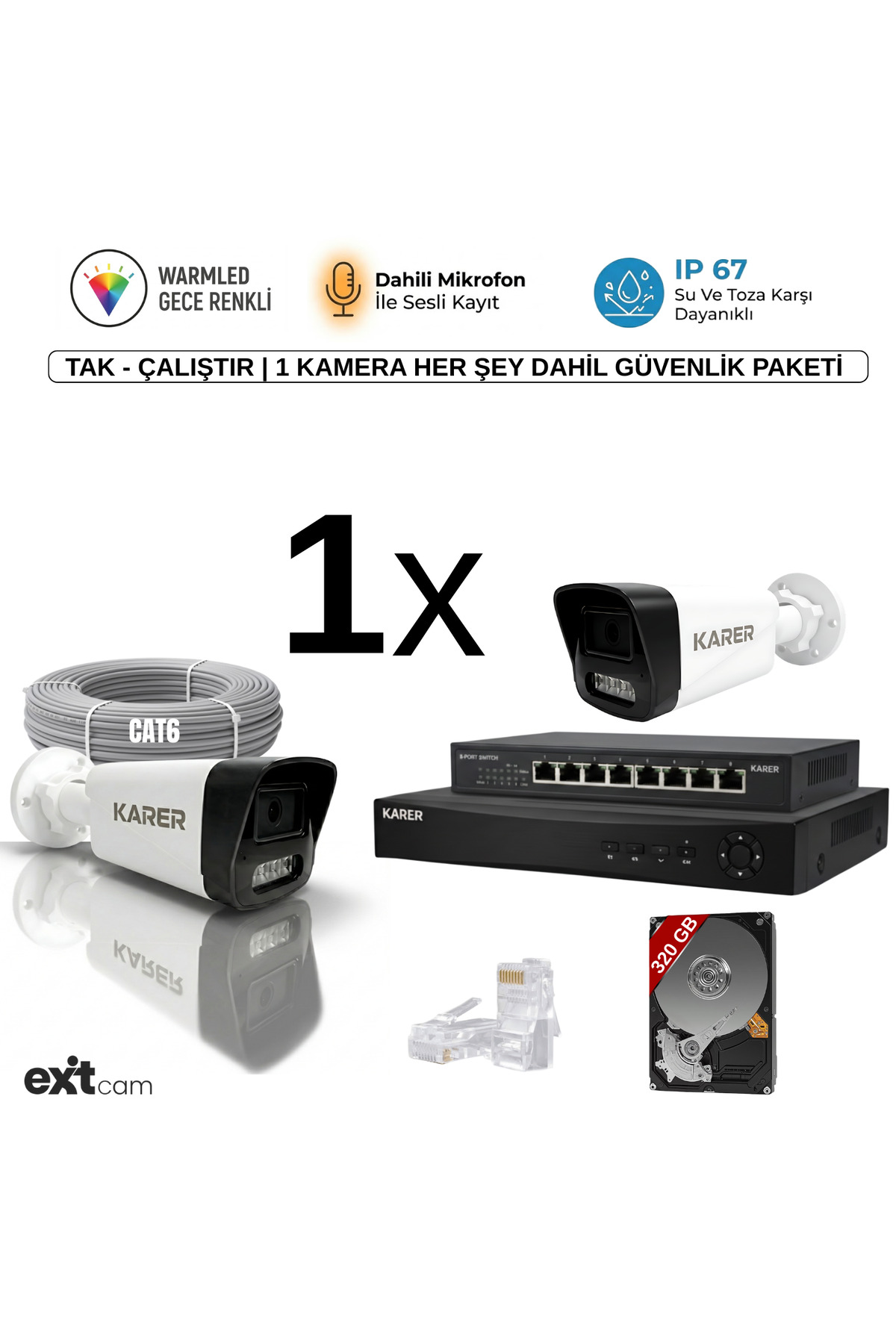 Exitcam-1'li AHD-SESLİ -GECE RENKLİ- SU GEÇİRMEZ- FULL HD Güvenlik Kamera Seti