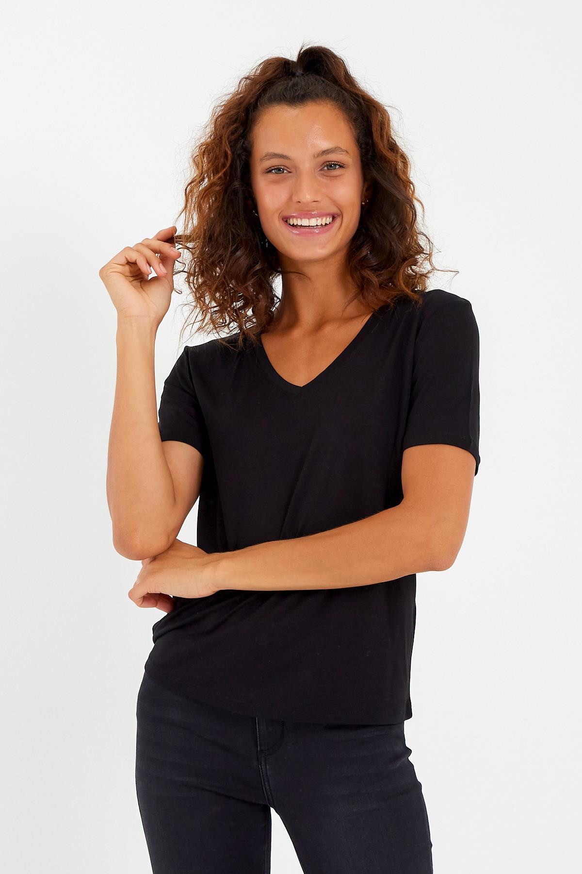 Women's Modal Fabric V-Neck Patchwork T-Shirt Black