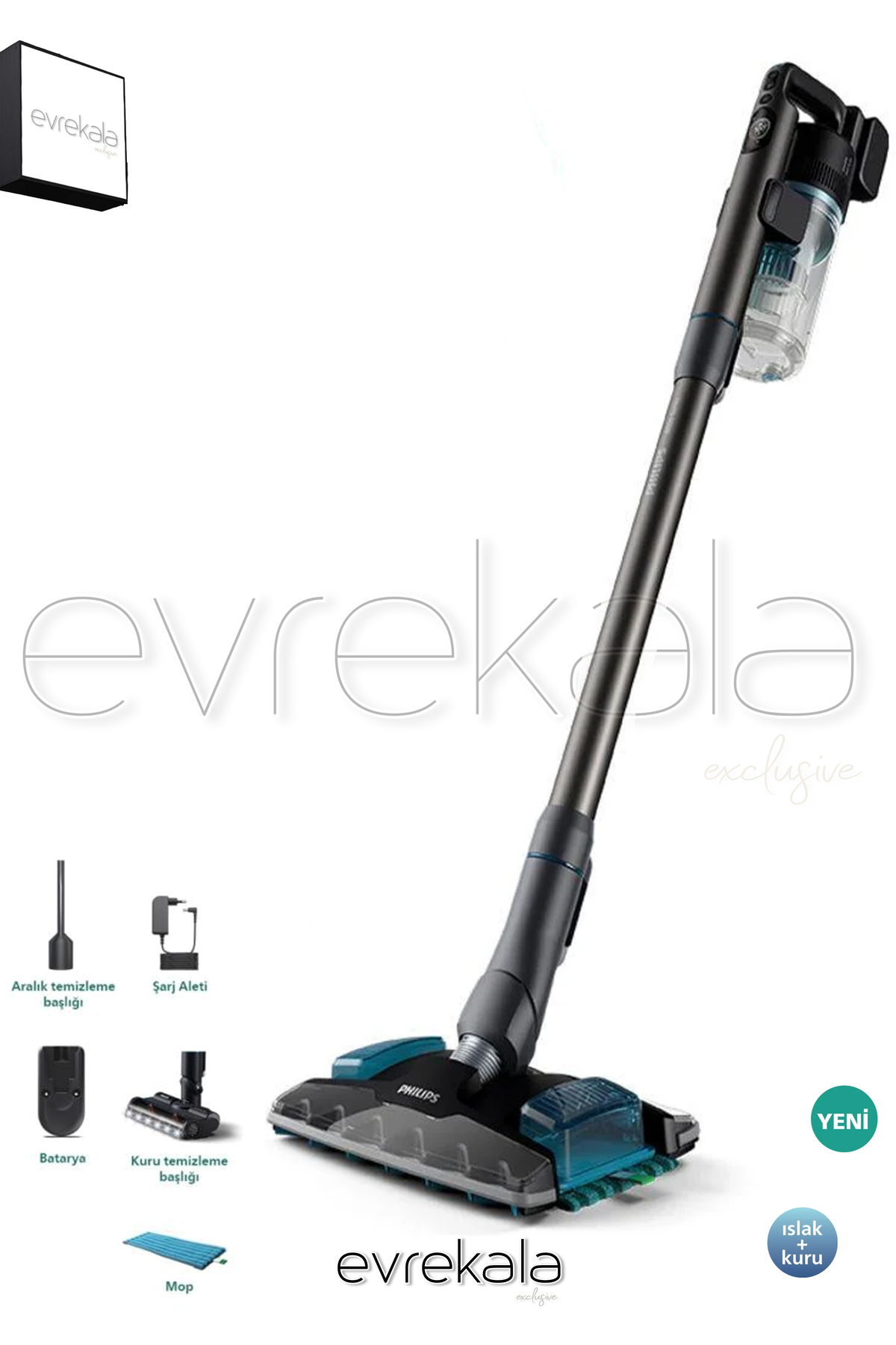 Philips Evrekala Şarjlı Süpürge Dikey Islak-Kuru Süpürge -Yetkili Evrekala- 80Dk Silme Süpürme Aqua