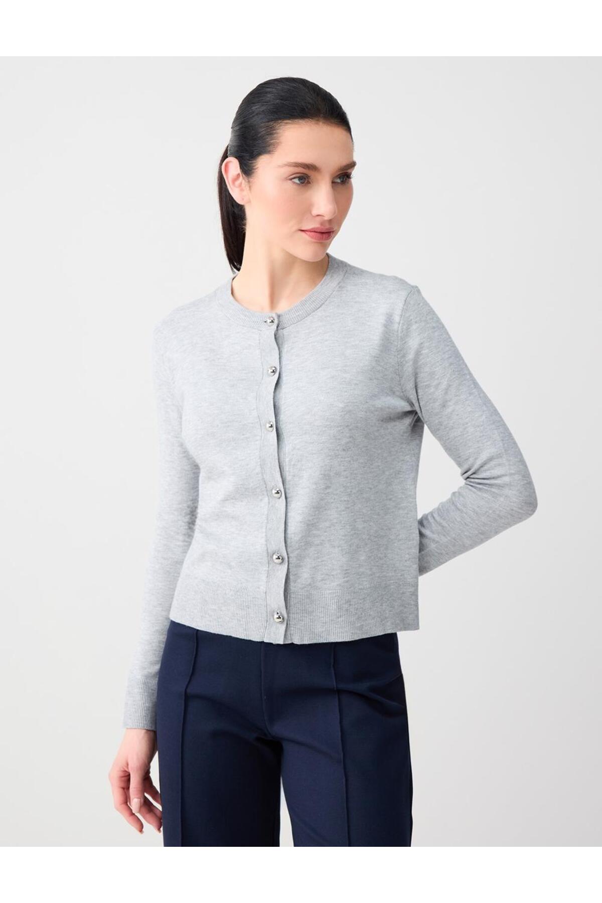 Jimmy Key  Grı Yuvarlak Yaka Uzun Kollu Düğme Detaylı Triko Hırka