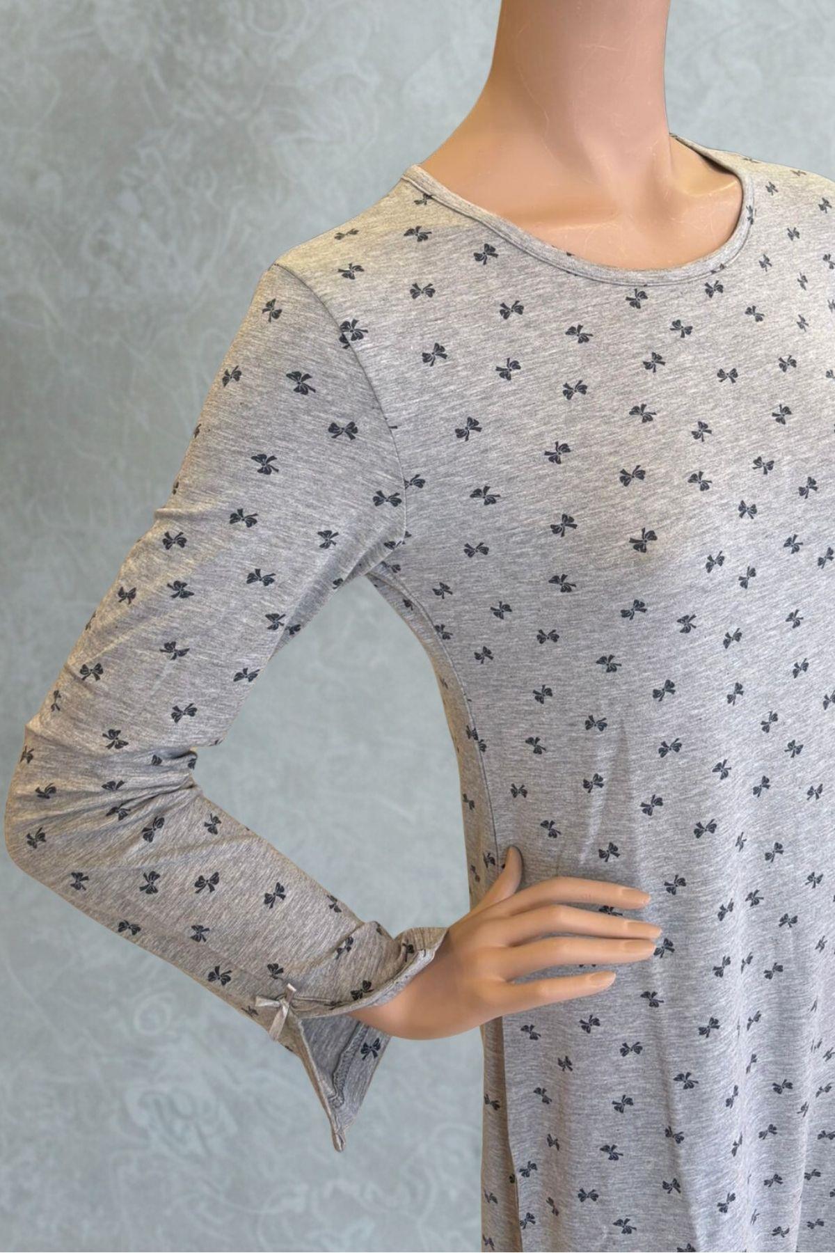 Villager&Son Vs Desenli O Yaka Penye U.kol Gecelik 26k Evm Gri Siyah Fiyong