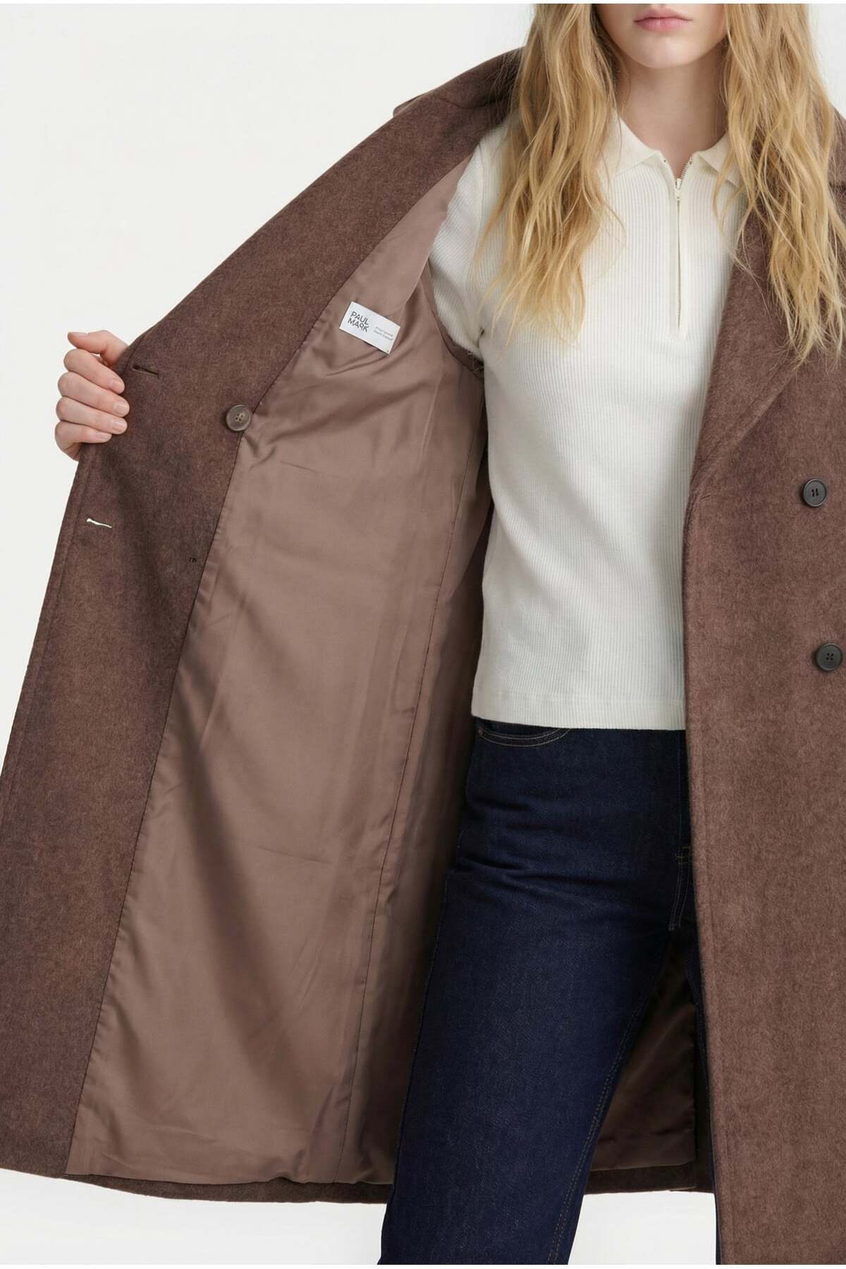 PAULMARK  Kadın Kruvaze Kapama Kaşe Kaban - Görsel 6