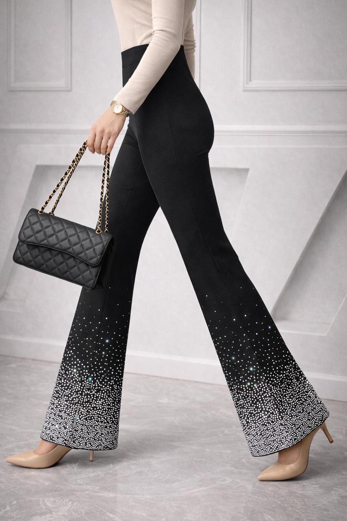 SMAEL  Kadın Siyah Yüksek Bel İspanyol Paça Taşlı Pantolon – Toparlayıcı Şık Model - Görsel 5