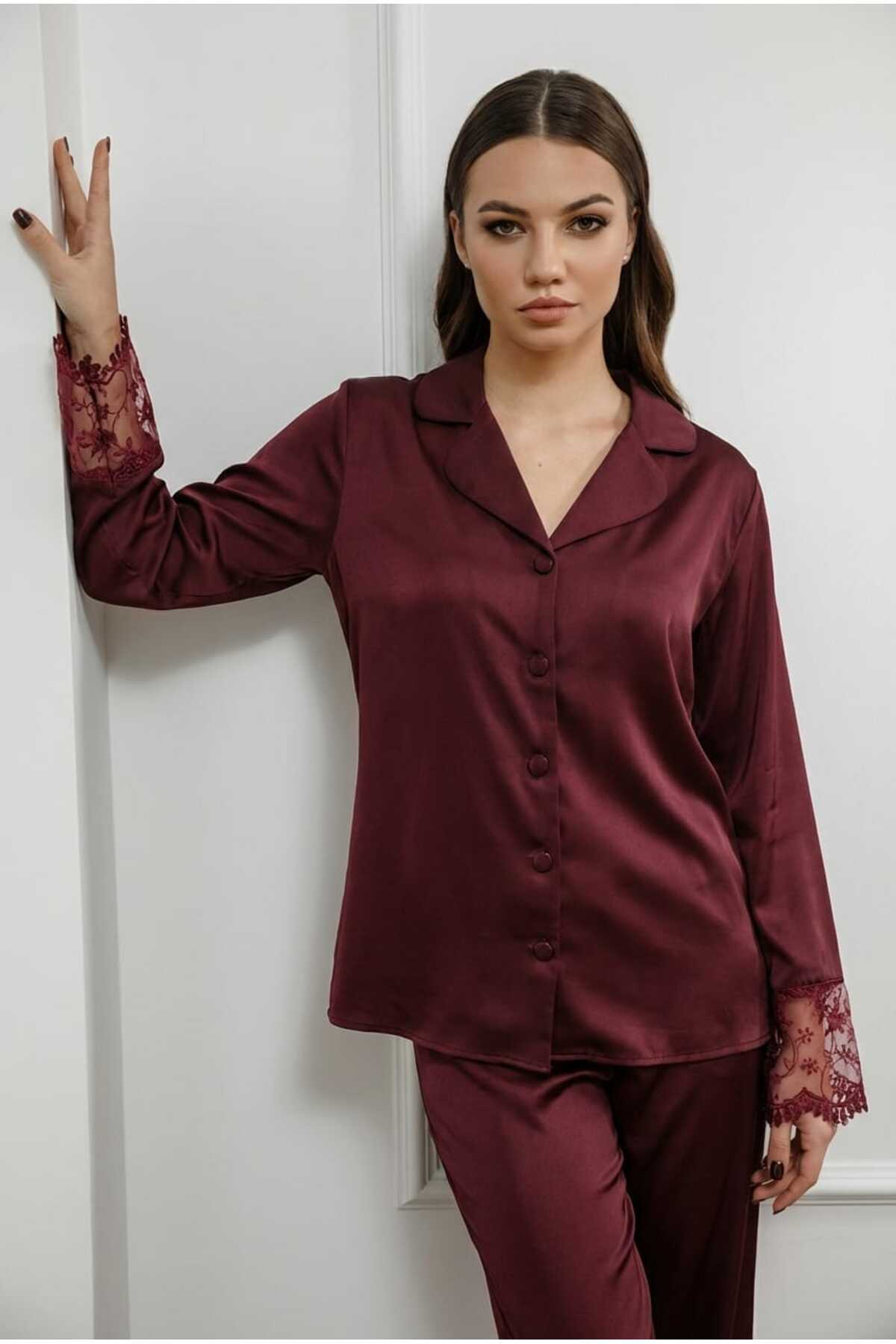 VELİNA GROUP Burgundy Satin, Long-Sleeved Pajama Set with Lace Detail.